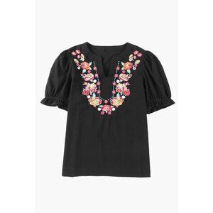 Womens Floral Embroidered Black Short Sleeve Blouse, 100% Cotton, Size S